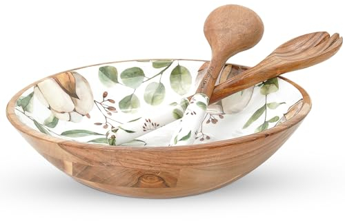 Large Wooden Salad Bowl Set - Premium 13-inch Acacia Wood Salad Bowl with Servers - Decorative Wooden Bowl with Fork and Spoon - Fruit Bowl - Serving Bowls for Entertaining (Eucalyptus Bliss)