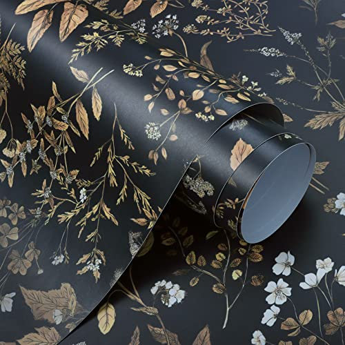 CiCiwind Selbstklebende Tapete Blumen Schwarz Gold Tapete 41CM×15M Vintage Selbstklebende Möbelfolie Abnehmbar Wandverkleidung Selbstklebend Wasserfest Wohnzimmer Schlafzimmer Vinyl Klebefolie