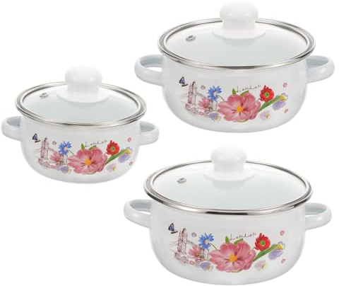 CIYODO Set di 3 pentole smaltate, in smaltato, con coperchio, vintage, in smalto, resistente all'usura, doppia