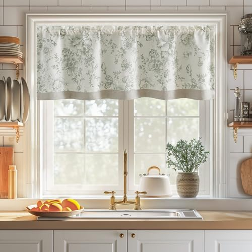 TOPICK Leinen Scheibengardinen 1er Pack Blickdicht Küchengardinen 125H x 40B(cm) Frühling Landhausstil Gardinen Floral Verdunkelnd Vorhänge Kurz Bistrogardine Volant Wohnzimmer Fenster Grün auf Beige