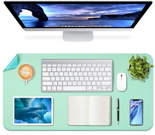 TOOELMON Large Dual-Sided PU Leather Desk Protector, Desk Blotter and Cover, Mouse Pad, Office Desk Mat, Laptop Desk Pad Protector, Keyboard Pad, Mouse Mat for Home Office (Green Aqua, 80 x 40cm)