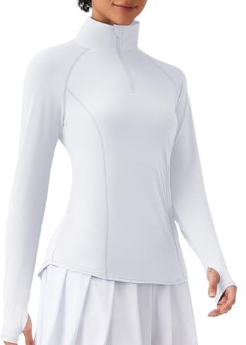 IECCP Women's Golf Polo Shirts Long Sleeve Workout Tops V Neck UPF 50+ Sun Protection Quick Dry Lightweight Active Thumbholes Shirts White Large