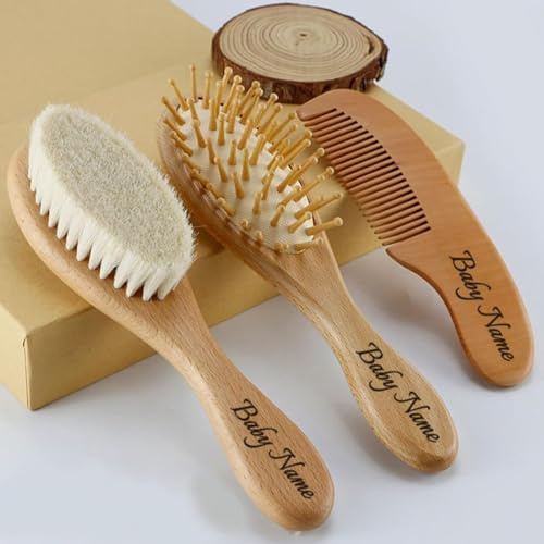 3 Stück Personalisierte Haarbürste Baby, Babybürste, Neugeborene Holz Bürsten & Kämme Set, Baby Haarbürste Ziegenhaar Mit Namen, For Die Erstausstattung Von Neugeborenen, Säugling, Babypflege, Kamm
