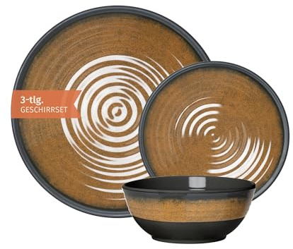 Camping Geschirr Set 1 Person 3-teilig | Melamin | Picknick Geschirrset | Campinggeschirr Stone Curry Design