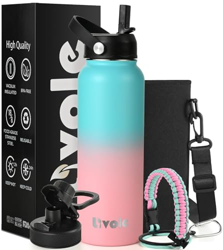 Livole Botellas de agua de acero inoxidable de 1180 ml con popote y bolsa de transporte, botella de agua de metal para mujeres, hombres, botella de agua aislada al vacío para bebidas frías y