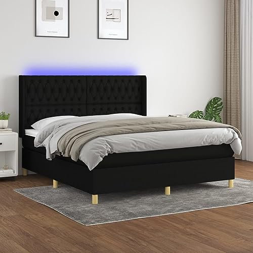 ARKEM Sommier tapissier avec Matelas et LED Noir 160x200 cm Tissu,Sommier A Lattes,Sommier sur Pied,Lit avec Sommier Bois