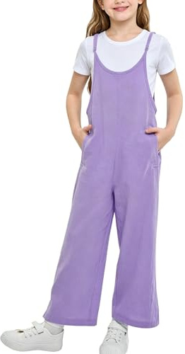 Rolanko Girls Jumpsuit Adjustable Spaghetti Strap Loose Overalls Rompers, Cotton Baggy Plain Playsuits with Pockets for Age 5-12 Years