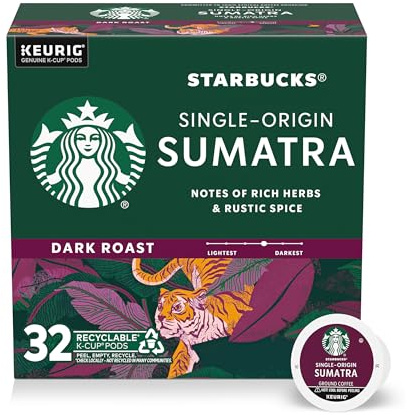 Starbucks K-Cup Coffee Pods, Dark Roasted Coffee, Sumatra, 100% Arabica, 1 Box (32 Capsules)
