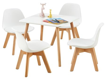 LuxNook Kindertisch mit 4 Stühlen, Kindersitzgruppe, aus FSC nachhaltigem massivem Buchenholz, 1 bis 6 Jahre Kinder, Kindermöbel für Kinderzimmer, Kindergärten, weiß