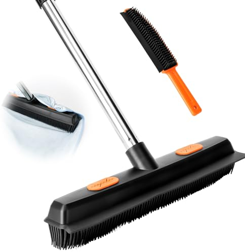 Rubber Broom, Pet Hair Broom with Squeegee Rubber Sweeping Brush Long Handle with Portable Hair Lint Remover Brush for Carpet, Window, Tile, Hardwood Floor Cleaning Pet Hairs and Dust
