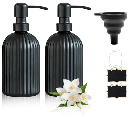 TRUEIN 2 Pack Glass Soap Dispenser, 400 ML/14 OZ Glass Pump Bottle Dispenser with Chalkboard Tags and Collapsible Funnel, Refillable Soap Dispenser Bathroom with Pump for Lotions, Shampoo (Black)