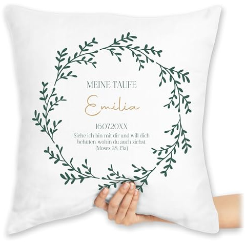 Kissen 40x40 Zierkissen - Meine Taufe | Personalisierte Taufgeschenke | Taufmotiv | Geschenke zur Taufe | Taufgeschenkidee mit Name & Datum - 40 x 40 cm - Weiß - taufkissen konfirmation Taufe