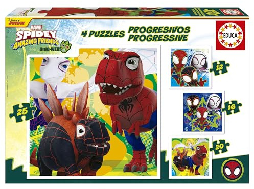 Educa - Kinderpuzzle Dino Spidey | 4in1 Puzzleset 12/16/20/25 Teile | Dinosaurier Spiderman, Marvel | ab 3 Jahren (20343)