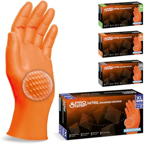 PROGRIP Einweghandschuhe Diamant Grip, Orange, Einmalhandschuhe Extra Stark, Nitrilhandschuhe Gr. XL, 2x dicker, Handschuhe Einweg, Arbeitshandschuhe für Werkstatt & Montage, 1000 Stück (20x50 Stk)
