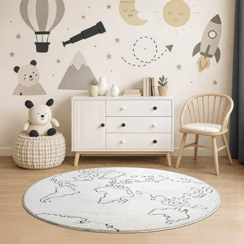 the carpet Elisa Kids Teppich für Kinderzimmer, Kinderteppich, Spielteppich, Pflegeleicht, strapazierfähige, Weltkarte, Erde, Creme, 120 cm Rund