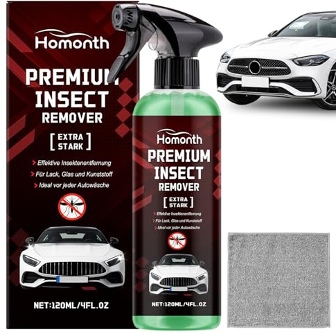 Nsektenentferner für Auto, Insektenreiniger Auto mit Mikrofasertuch, Insektenentferner Gel Auto, Zum Aufsprühen und wegwischen, Insektenreiniger für Scheinwerfer, Frontbereich und Scheibe - 120ml
