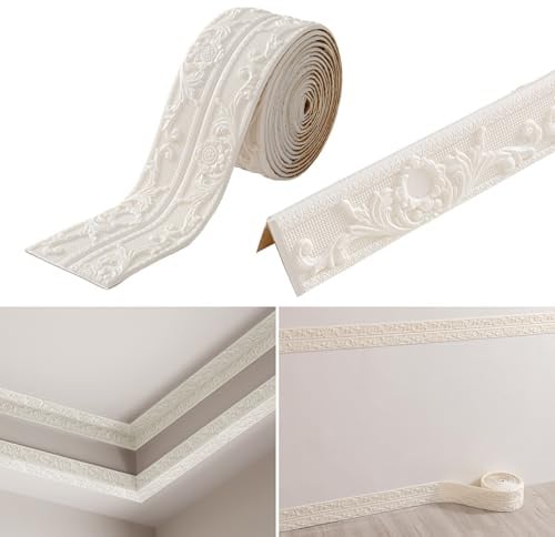 KAHCOP Bordüre Selbstklebend, Wandbordüre 4,5m x 10cm x 8mm, Rokoko-Stil Zierleisten, Wasserdicht 3D Tapetenbordüre für Flur, Decke, Ecke, Linie (Weiß)