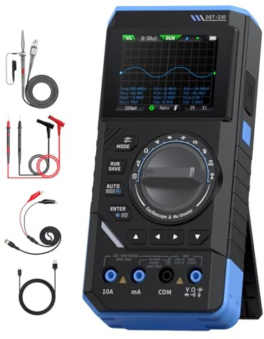SURLABA Oscilloscopio per auto, larghezza di banda 10 MHz, multimetro 19.999 valori di conteggio, generatore DDS, frequenza di campionamento 48 MS/s, tensione CA/CC, corrente, capacità, resistenza