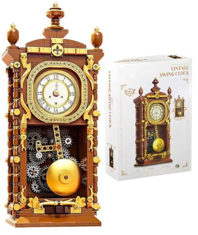 ALEENFOON Vintage Pendeluhr Klemmbausteine, Bausteinspielzeug mit echter Uhrfunktion und Verbundenem Mechanischem Pendel, Heimdekoration, kreatives Geschenk für Erwachsene, Jugendliche und Kinder
