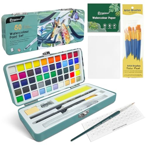 flintronic 50 Farben Aquarellfarben Set, Tragbarer Box, mit Palette, Aquarellpapier, Pinsel und weiteres Zubehör, Geeignet für professionelle und Hobbykünstler