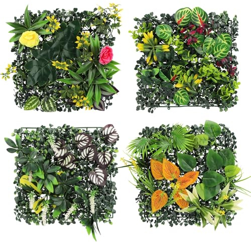 4Pcs Artificial Green Wall Panels 25x25cm,Mixed Fake Plant Wall Mat | Artificial Green Wall Panels Fence Privacy Screen Grass Fence Screening Spring Leaf Backdrop for Outdoor Garden Door Decor