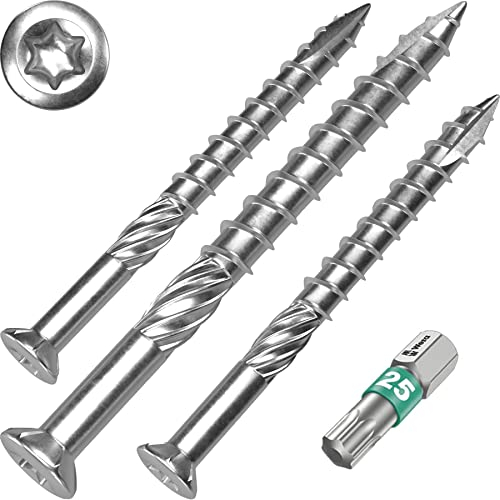 SCREW REBEL Terrassenschrauben 5 x 50 T-INOX 400 Stück Edelstahl gehärtet C1, Torx 25, inkl. Edelstahl Bit