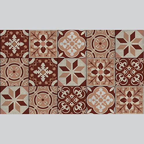 Contremarche adhésive autocollante x3, 19,5 X 100 cm, calisese, carreaux de ciment ancien rouge et orange.