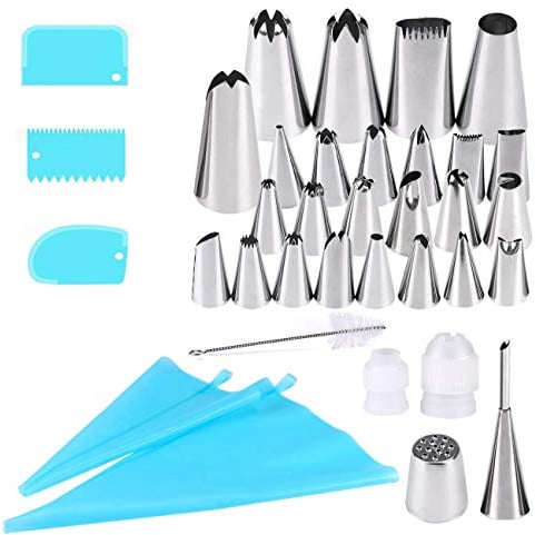Seacue, set di beccucci da pasticciere professionali, 32 pezzi, 27 beccucci in acciaio inox, 2 sac à poche in silicone, 2 convertitori per ugelli, 1 spazzola