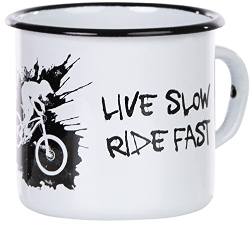 MUGSY Emaille Tasse, Mountainbike MTB Live Slow Ride Fast Motiv für Biker, 330ml, Dirt Design, bruchfest, weiß