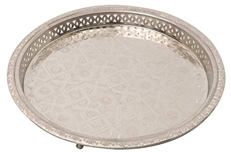 Casa Moro Marokkanisches Serviertablett Mernissi Silber rund Ø 32 cm mit 3 Füßen | Kunsthandwerk aus Marrakesch | versilbertes Messing-Tablett für kreative Dekoration & Geschenk Ideen