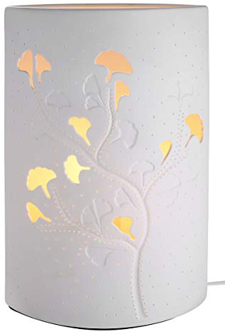 GILDE Porzellanlampe Tischlampe Dekolampe Ginkgo Dekor - mit Lochmuster im Prickellook H 28 cm