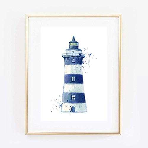 Din A4 Kunstdruck ungerahmt - Leuchtturm Lighthouse Aquarell maritim blau Badezimmer Geschenk Druck Poster Bild