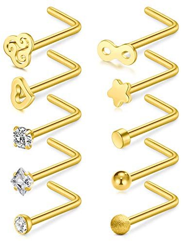 Rajnard 20G Nasenpiering Nasenring Nasenstecker Chirurgenstahl 10 STÜCKE Gold Herz Stern Flachkugel Klarer Diamant CZ Nasenstecker R L-förmiger Piercingschmuck 10 STÜCKE