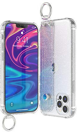 Wuwedo Clear Glitter Case with Hand Strap Compatible with iPhone 12 Pro Max 6.7 Inch, Sparkle Bling Cover Case with Adjustable Wrist Strap Stand Holder and Key Ring for Girls Women