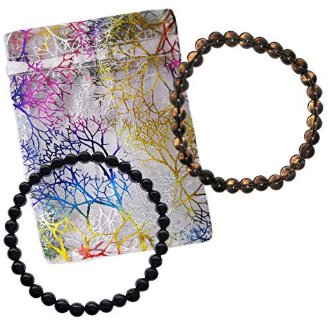 2x Kugel ARMBAND - 6mm SHUNGIT Schungit + RAUCHQUARZ - Edelstein Schmuck für SCHUTZ & SELBSTBEWUSSTSEIN & SELBSTVERTRAUEN. Rauchentwöhnung (Nichtraucher Stein). Mit TÄSCHCHEN. 95040-6
