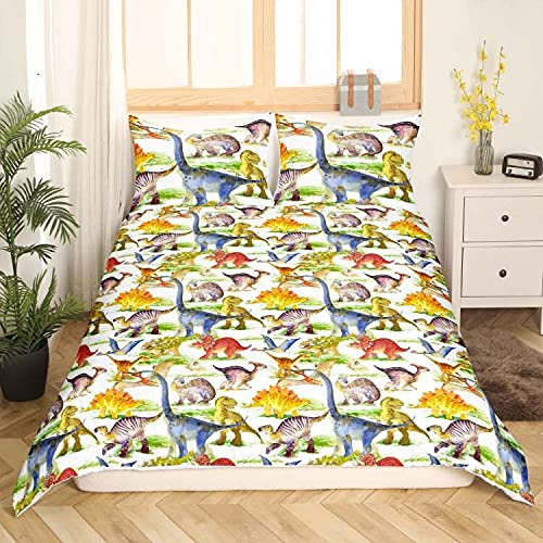 Homewish Dinosaurier Kinder Bettwäsche Set Niedlichen Karikatur Tier Dinosaurier Bedruckte Bettdecke für Jungen Bunte Schöne 3D Tiermuster Bettbezug, Wald Dekor Weiche Reversibel Tagesdecke, 100x135
