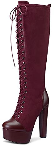 NobleOnly Donna Plateau Stivali Metà Polpaccio Cerniera Lacci Tacco a Blocco 15CM High Heels Boots Rosso Borgogna Scamosciato Scarpe EU45