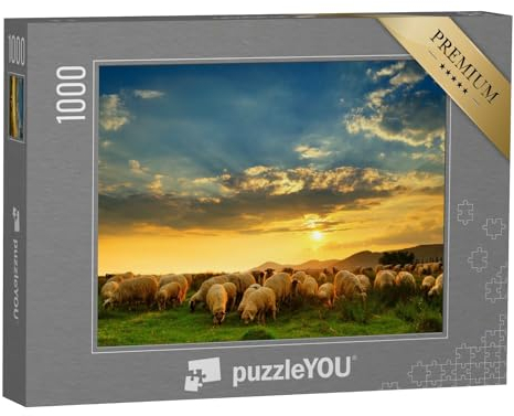 puzzleYOU: Puzzle 1000 Teile „Eine Schafherde weidet auf einem Hügel bei Sonnenuntergang“ – aus der Puzzle-Kollektion Schafe & Lämmer, Bauernhof-Tiere