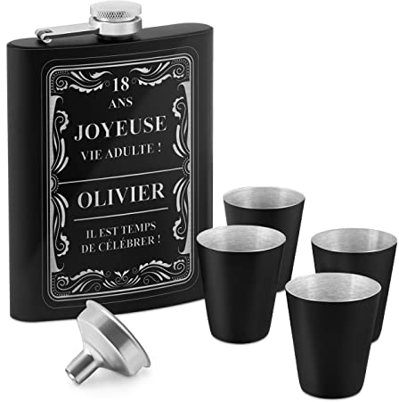 Maverton Flasque en Acier Inoxydable pour lui - Portable Flasque avec gravure - Set avec 4 verres à shot en acier - Pour hommes - Flacon personnalisé pour anniversaire - Vie adulte