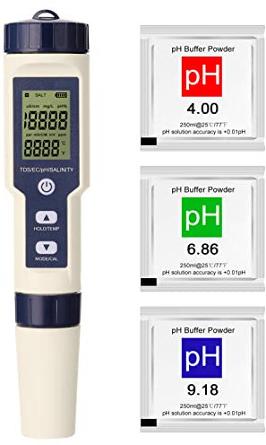 Testeur ph Geevorks Testeur ph sel Piscine Electronique 5 en 1 Testeur de pH EC TDS Salinité Thermomètre pH Mètre Electronique Testeur de Qualité de l'eau IP67 étanche 3 Points de Automatique de pH