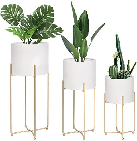 Sinolodo Weiße Pflanzgefäße mit goldenen Ständern für Zimmerpflanzen, große Metall-Blumentöpfe 3er-Set, hohe bodenstehende Pflanzgefäße für modernes Wohnzimmer, Ecke, Terrasse (Durchmesser 248,9 cm)