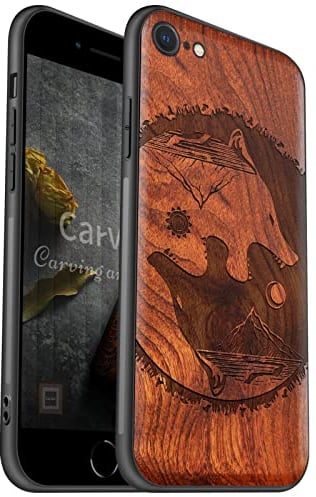 Carveit Handyhülle für iPhone SE 2022 Hull iPhone 8 Massivholz Cover [Holz und TPU Silikon Hybrid hülle] Stoßfeste Stoßstange Kompatibel mit iPhone SE 2020 Case（Rosig-Yin Yang-Wolf-Tai Chi）