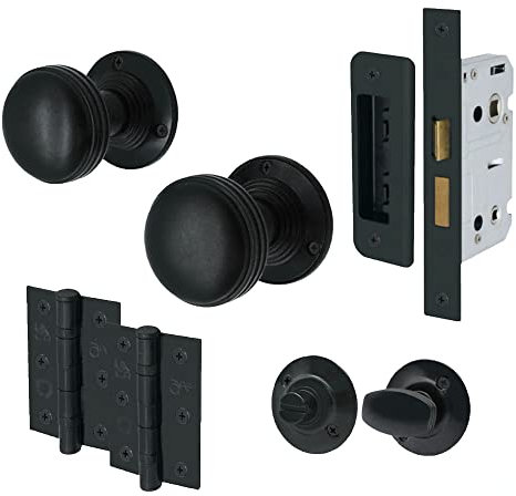 EAI Lined Bathroom Door Knob Set Matt Black | 1 Pair of Mortice Knobs (55mm), Lock (80mm) & Hinges (76mm) for Internal Doors