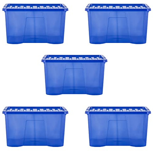 Wham Crystal 5x 60L Plastic Storage Boxes with Lids. Large Size, Strong (Pack of 5, 60 Litre). Made in the UK (Tint Spectrum Blue)