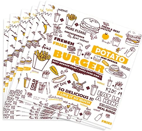 Käsepapier Wachspapier, 100 Stück Ernährungsmuster Deli Basket Liner Lebensmittelverpackung Papier Antihaftpapier für Lebensmittel Fettbeständig Wrap Papier BBQ Hamburger Sandwiches Pommes Körbchen