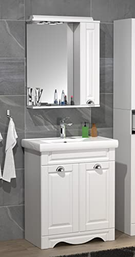 VCM 3-TLG. Waschplatz | Waschtisch Unterschrank 60 cm | Badmöbel Set mit Waschbecken und Spiegelschrank | Landhaus | Komplettset Casalo L