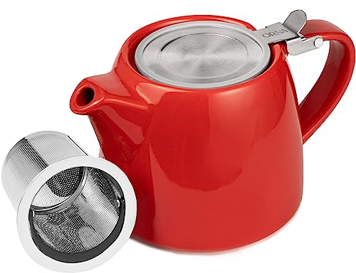 ORNA Ceramic Loose Leaf Teapot with Infuser Strainer and Lid – Small Porcelain Tea Pot Brewer for One or 2 Person – 550ml / 18.6 Oz – Red