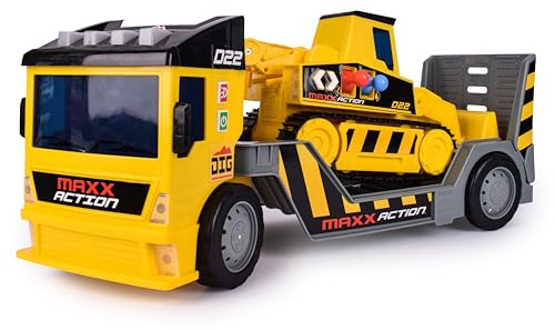 Sunny Days Entertainment Maxx Action 2-N-1 Mega Mover – Construction Truck and Trailer with Lights, Sounds and Motorized Drive, Yellow, Large