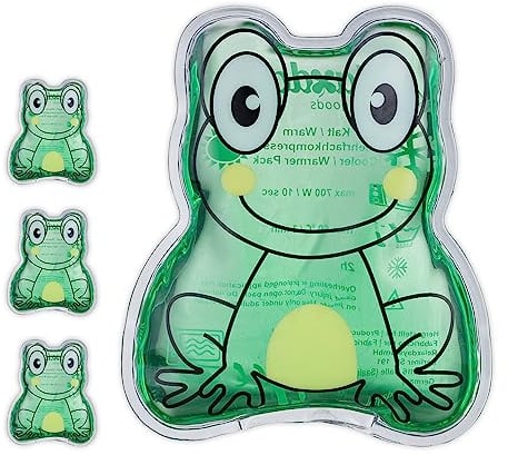Relaxdays Kühlpads Kinder, 4er Set, Kalt Warm Kompresse, Frosch, H x B: 11 x 9 cm, Kühlkissen Gel, Mini Kühlpack, grün