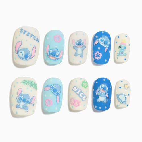 Sun&Beam Nails Handmade Press-on Nails Short Squoval Round Blue White Cartoon Stitch Design False Tips 10Pcs (#115 S)